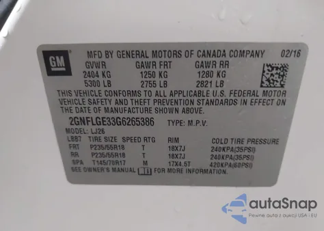 2016 Chevrolet Equinox Ltz z USA, uszkodzony, nr VIN 2GNFLGE33G6265386